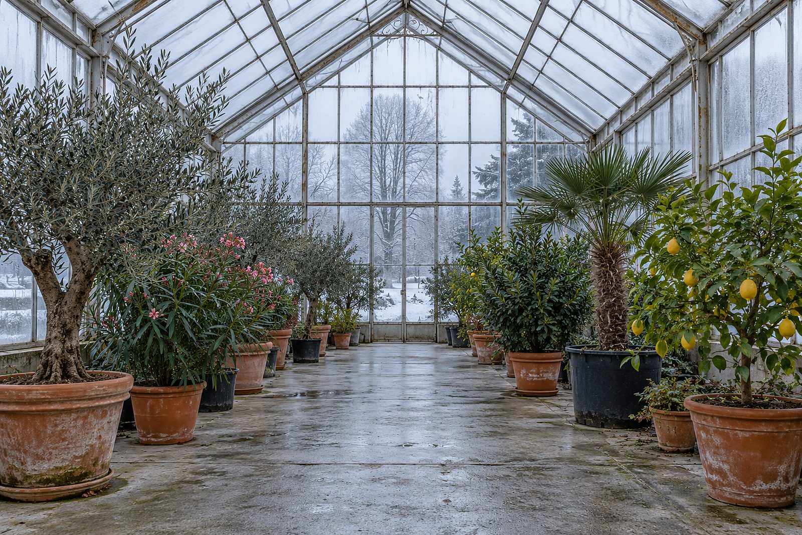 Kübelpflanzen in großen Töpfen im Glashaus, draußen ein grauer Wintertag