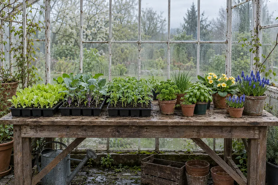 Pflanztisch im Glashaus mit Gemüsesetzlingen, Kräutern und Frühlingsblumen in Töpfen