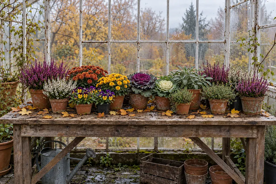 Derselbe Pflanztisch im Herbst mit Herbstblumen in Töpfen