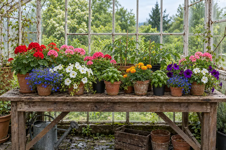 Derselbe Pflanztisch im Sommer mit Balkon- und Sommerblumen