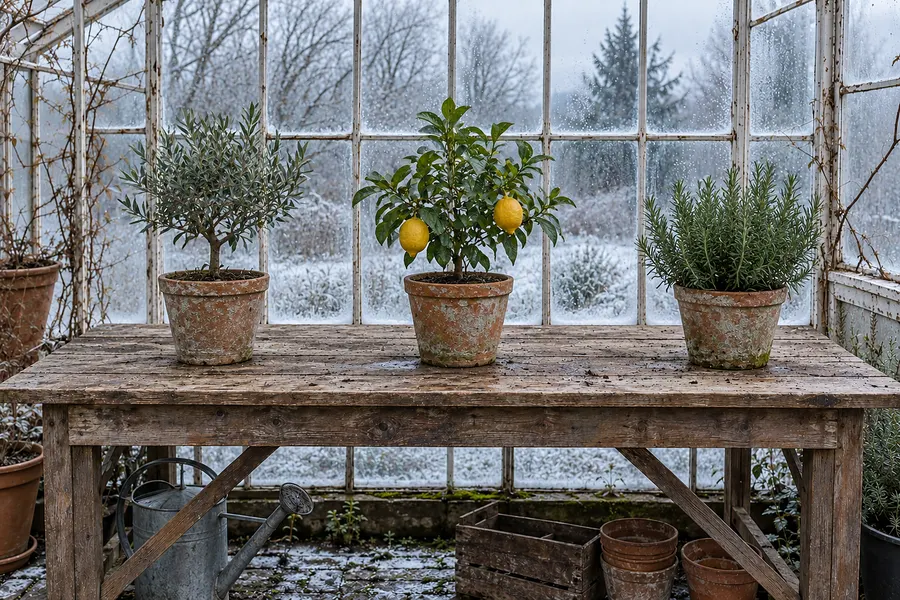 Derselbe Platz im Winter mit Kübelpflanzen im Glashaus
